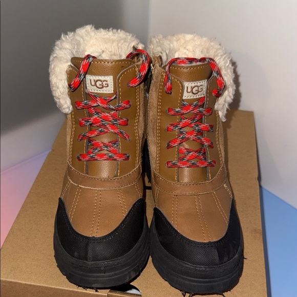 UGG Other - UGG Kids Brown & Black Shearling-Trim Lace-Up Boots with Red Accents